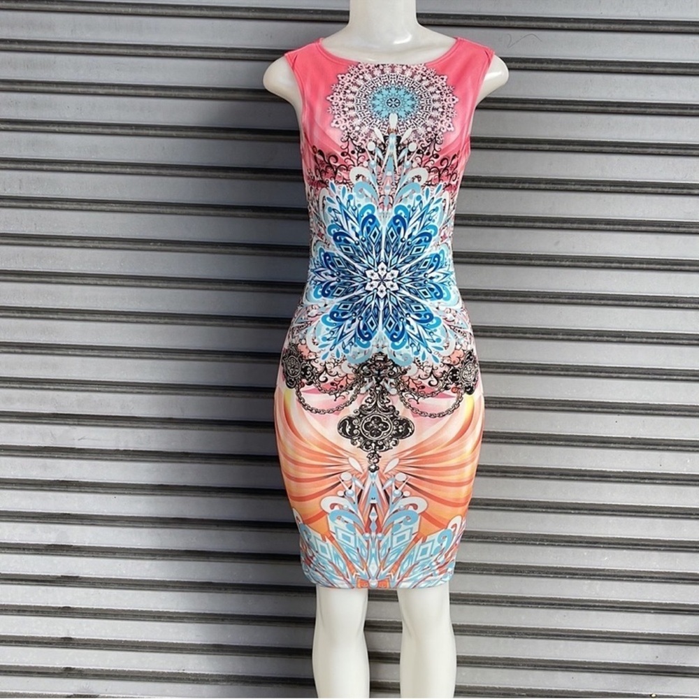 Elegant Pink and Blue Patterned Midi Dress Size M